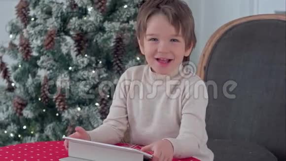 圣诞节期间一个微笑的男孩坐在椅子上玩平板电脑视频的预览图