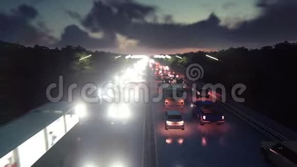 照相机飞过拥挤的交通夜间开灯的汽车穿过城市视频的预览图