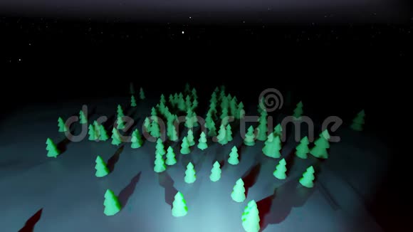 三维渲染背景夜针叶林的卡通风格如玩具夜晚的许多圣诞树视频的预览图