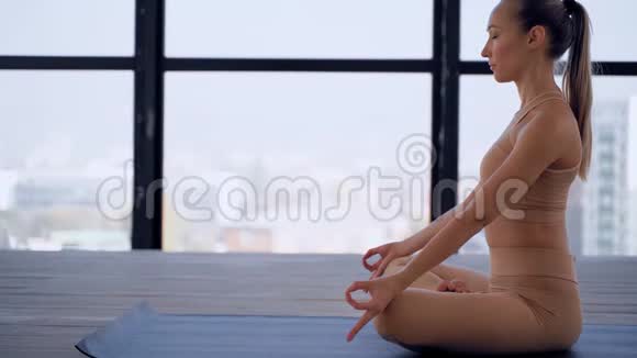 室内瑜伽体育娱乐美丽的年轻女子手里拿着泥摆着冥想的姿势个人体育视频的预览图