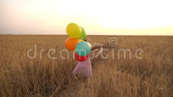 女孩带着气球走在田野里让他们进入天空视频的预览图