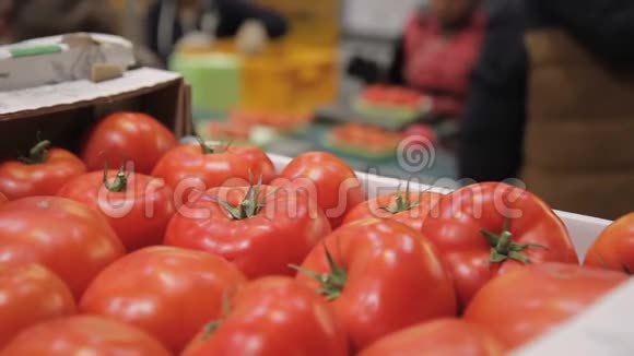 在工厂内的托盘中包装新鲜西红柿的工人视频的预览图