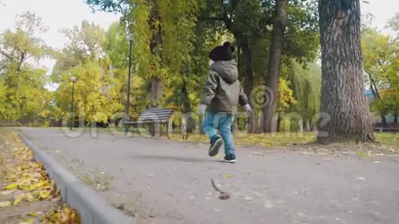 快乐的小男孩在秋天公园跑步小孩子在秋步上玩耍金叶的秋林视频的预览图