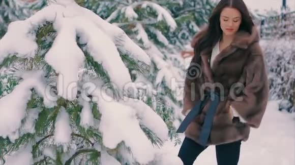 穿着棕色皮毛大衣的布鲁内特女孩刷着冬天散步时的慢动作视频的预览图