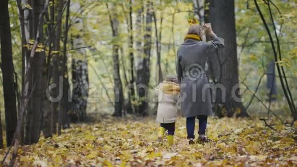 妈妈和她的女儿小女孩在秋天的公园里玩妈妈和孩子玩得很开心散步视频的预览图