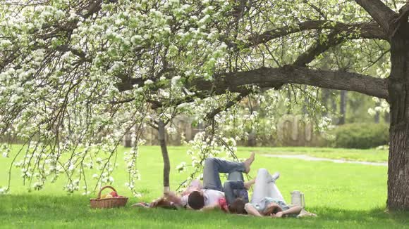一个年轻家庭的快乐肖像父母和他们的孩子躺在一棵盛开的苹果树下家庭娱乐视频的预览图