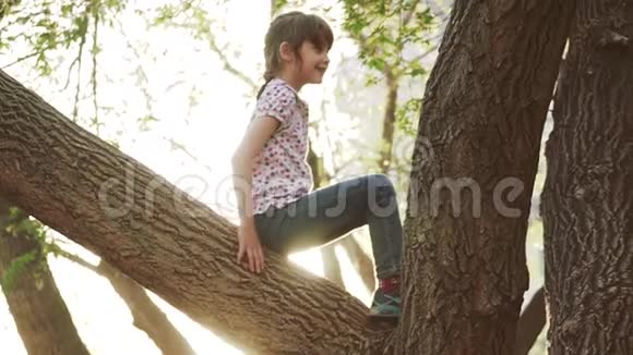 孩子正在爬树小女孩在户外玩耍孩子们的冒险快乐无忧无虑的童年视频的预览图