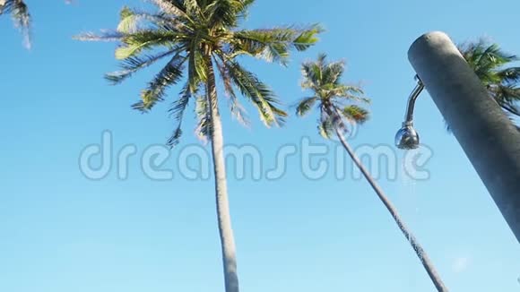 酒店的海滩上有淋浴在棕榈树和蓝天的背景下倒水旅行概念视频的预览图