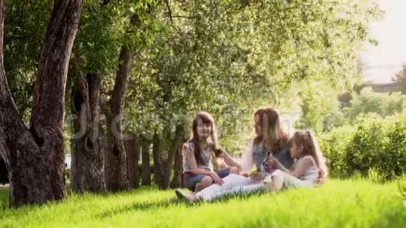 妈妈和两个女儿坐在苹果树附近的草地上日落时公园里的孩子和母亲投标书视频的预览图