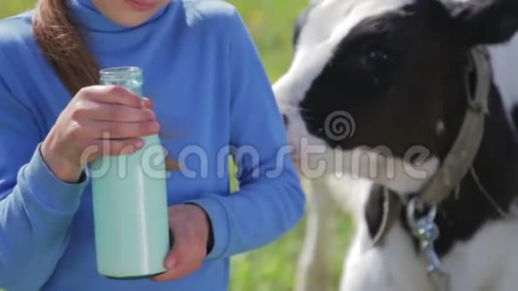 一个男孩在草地上拿着一瓶牛奶的肖像一个男孩在田里的奶牛旁边喝牛奶健康的生活方式视频的预览图