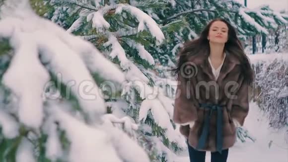 穿着棕色皮毛大衣的布鲁内特女孩刷着冬天散步时的慢动作视频的预览图