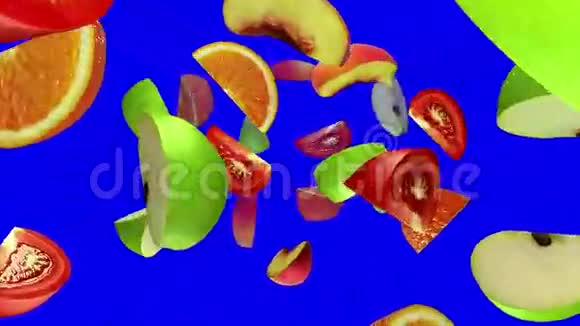 从顶部落下的水果片在蓝色的屏幕上无缝的循环CG视频的预览图