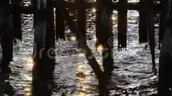 木墩下峡湾波浪上闪耀的阳光反射视频的预览图