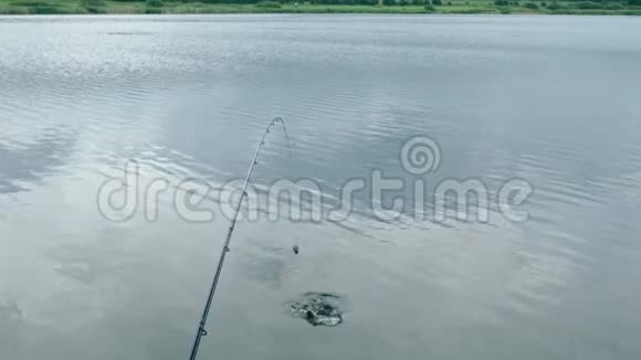鱼咬鱼饵钓竿渔夫用网钓鱼鱼在网上飞溅视频的预览图