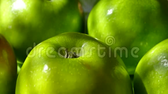 漂亮的绿色苹果站在盘子上一个绿色的水果在镜头特写的前面转过来收获苹果和视频的预览图