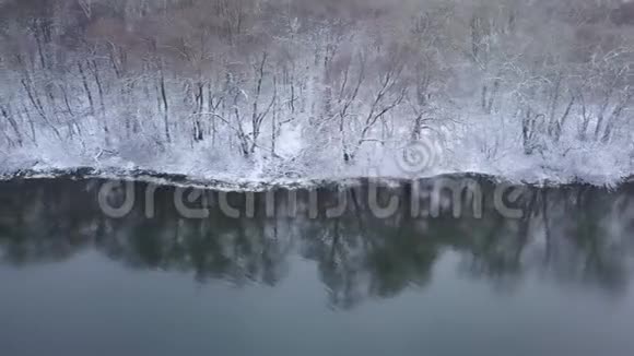 沿着河岸和被雪覆盖的森林飞行视频的预览图