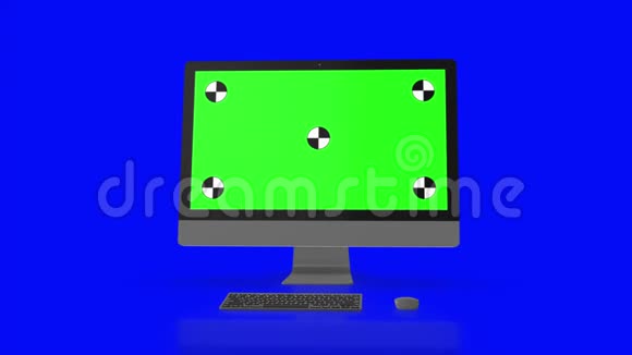 现代电脑绿色屏幕隔离在蓝色背景上三维渲染视频的预览图