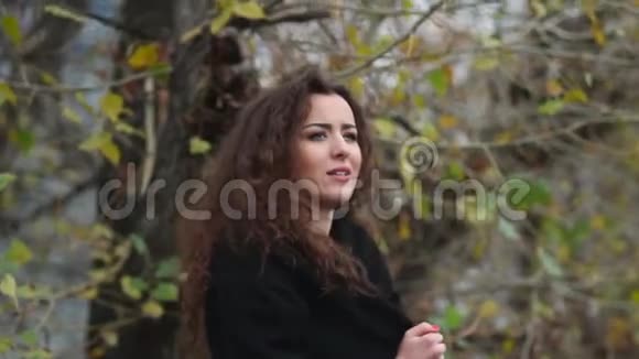 公园里美丽的孤独女孩悲伤沮丧寒冷的秋天视频的预览图