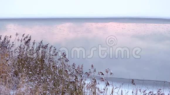 美丽的冬景冰封的湖面冰雪倒影视频的预览图