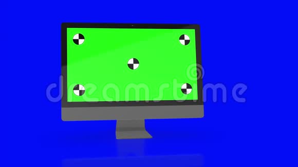 现代电脑绿色屏幕隔离在蓝色背景上三维渲染视频的预览图