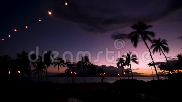 夏威夷毛伊岛海岸的黄昏时分火炬和美丽的照明视频的预览图