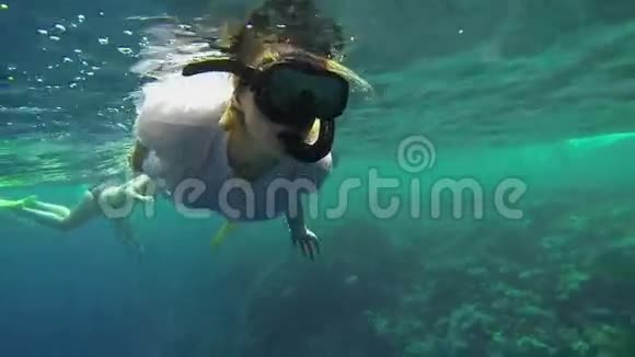在水下寻找潜水装备的女人视频的预览图