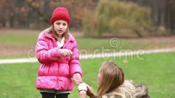 女孩在公园给妈妈解释游戏爸爸来拥抱她视频的预览图