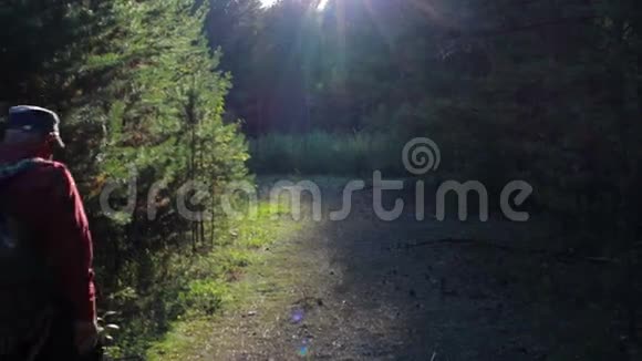 一个背着背包在森林里散步的老人美丽的魔法光视频的预览图