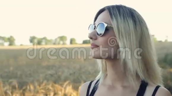 美丽的金发女孩戴着太阳镜在成熟的小麦地散步的肖像视频的预览图