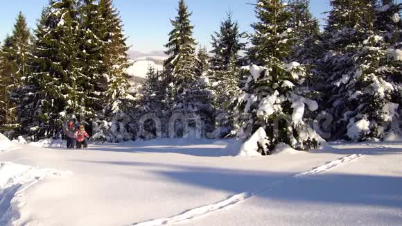 冬天山里的游客在大雪中穿行视频的预览图