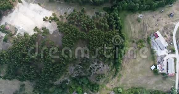 鸟瞰拍摄于松树林旁小镇房屋之上视频的预览图