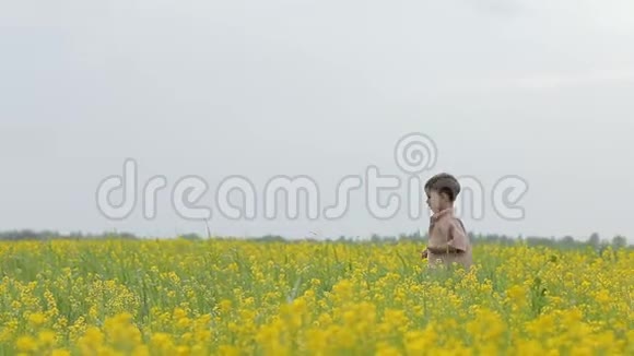 快乐的男孩和女孩玩得很开心带着黄花在草地上跑来跑去视频的预览图