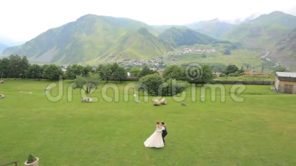 新郎新娘沿着绿草地散步俯瞰美景视频的预览图