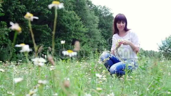 夏天在一片甘菊的草地上在一片森林里一个年轻的女人一个黑发的女人织着一个甘菊花圈视频的预览图