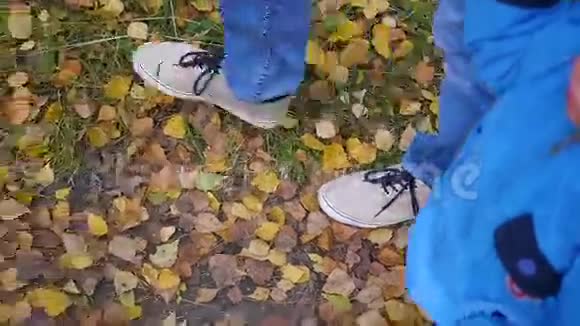 一个男人和一个孩子在秋天的树叶上散步视频的预览图