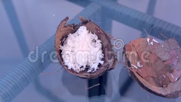 玻璃桌上椰子壳椰子刨花自制面膜视频的预览图