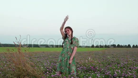 日落时分站在草地上的美丽少女视频的预览图