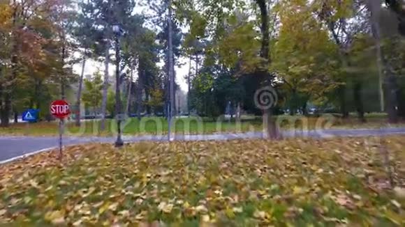 秋天公园骑自行车的人的路标空中镜头视频的预览图