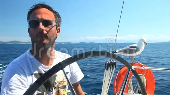 在克罗地亚海岸外的亚得里亚海上与海鸥一起航行的船长视频的预览图