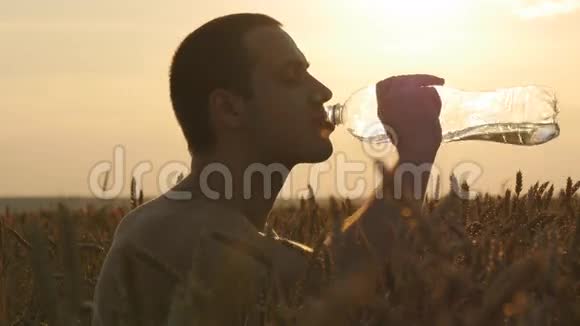 年轻人在麦田里用塑料瓶喝水日落时分有水的家伙太阳在视频的预览图