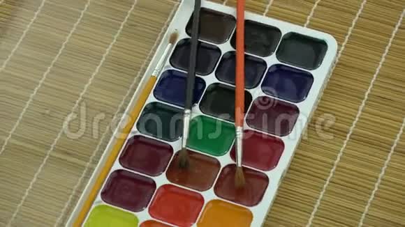 彩色水彩颜料盒刷子旋转视频的预览图