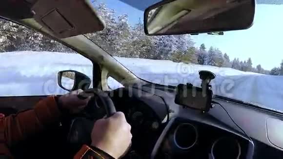司机在空冬路上驾车穿过森林视频的预览图
