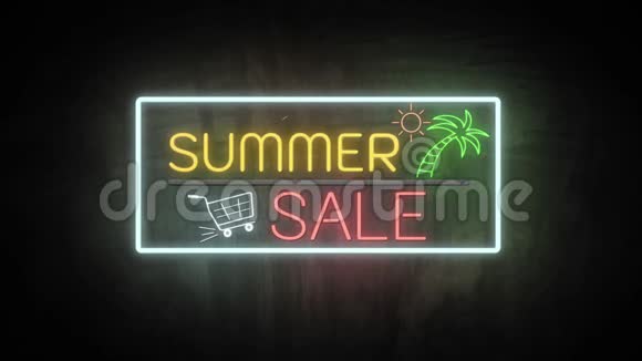 夏日卖霓虹灯在墙上销售横幅闪烁霓虹灯标志风格的宣传视频销售和清关概念视频的预览图
