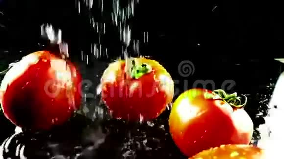 黑色背景下红番茄水溅慢动作健康食品概念视频的预览图