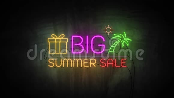 巨大的夏日出售霓虹灯在墙上销售横幅闪烁霓虹灯标志风格的宣传视频销售和清关概念视频的预览图