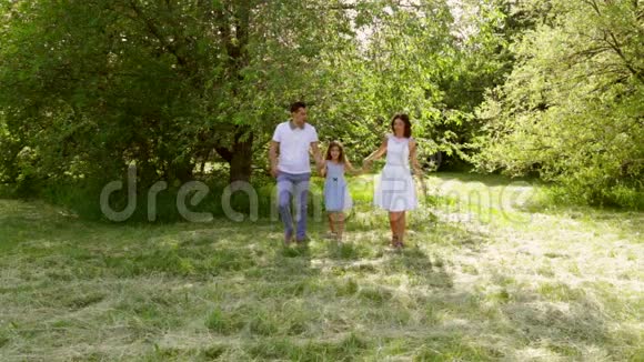 幸福的一家人在美丽的公园里奔跑彼此牵手视频的预览图