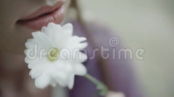 女人把白色的花引到脸上视频的预览图