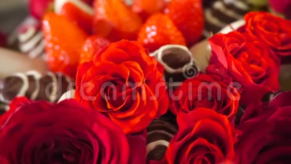 旋转美丽的花束与玫瑰和草莓在巧克力结霜慢动作视频的预览图