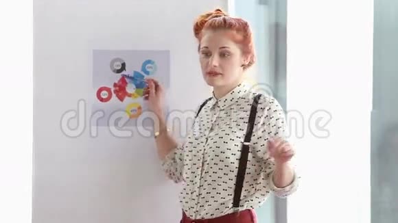 漂亮的红发女人用钢笔指着挂图视频的预览图