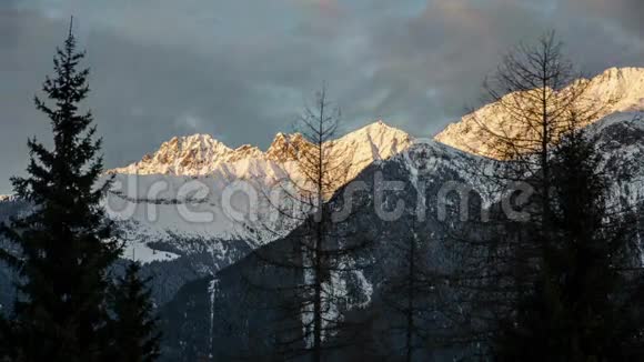 日落黄昏的颜色在雪的阿尔卑斯山山脉上时间流逝多利在树木上拍摄视频的预览图